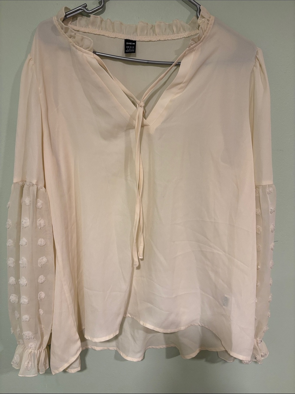 Shein Cream Tie-Neck Swiss Dot Sleeve Blouse